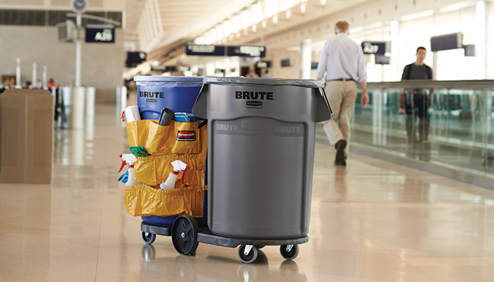 Rubbermaid Brute trash cans in international airport